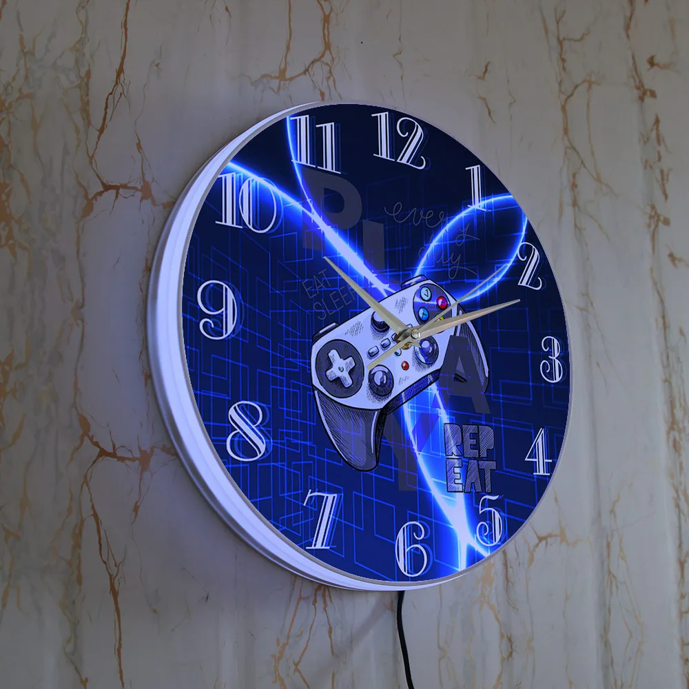 Gamepad Modern Design LED Lighted Wall Clock For Game Room Video Game Joystick Controller Eat Sleep Play Repeat Trilogy Watch