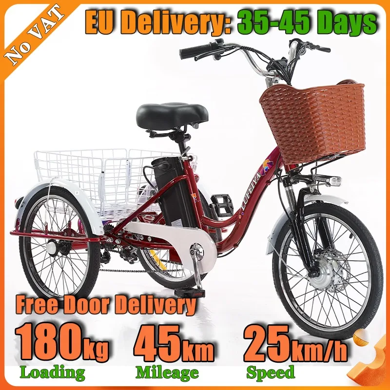 Adult 3 Wheel Electric Bicycle 20 Inch 7-Speed E Tricycle 350W Motor 48V12Ah Lithium Battery with Front & Rear Storage Baskets