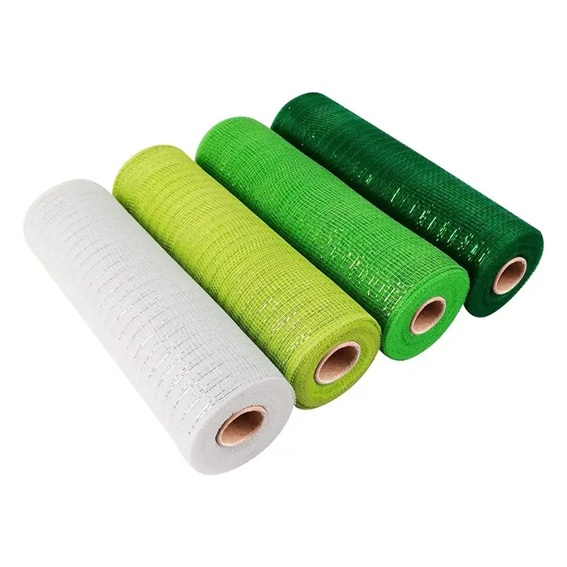 Happy New- 4 Roll Plastic Mesh Green White Wired Edge Ribbon 10 Inch X 30 Feet Poly Deco Mesh Ribbon