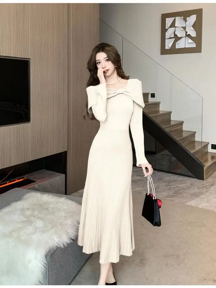 Vestido largo de punto con lazo para mujer, suéter plisado de manga larga con cuello cuadrado, color Beige, rojo, Retro, a la moda, para fiesta de noche, otoño
