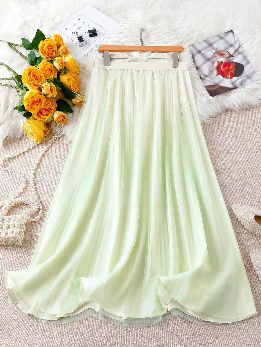 

Elegant Gradient Pleated Mesh Skirt For Women Summer Flowy Midi Skirt