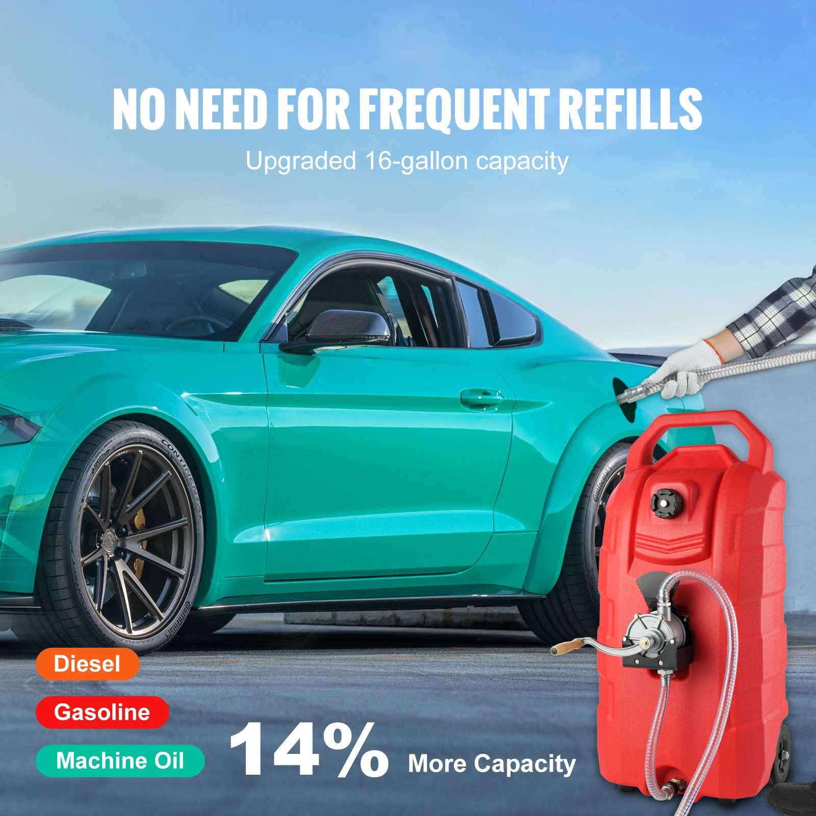 SucceBuy 16Gal Fuel Caddy 7.8 L/min Portable Gas Storage Tank Container with Hand Pump & Wheels Oil Transfer for Gasoline Diesel