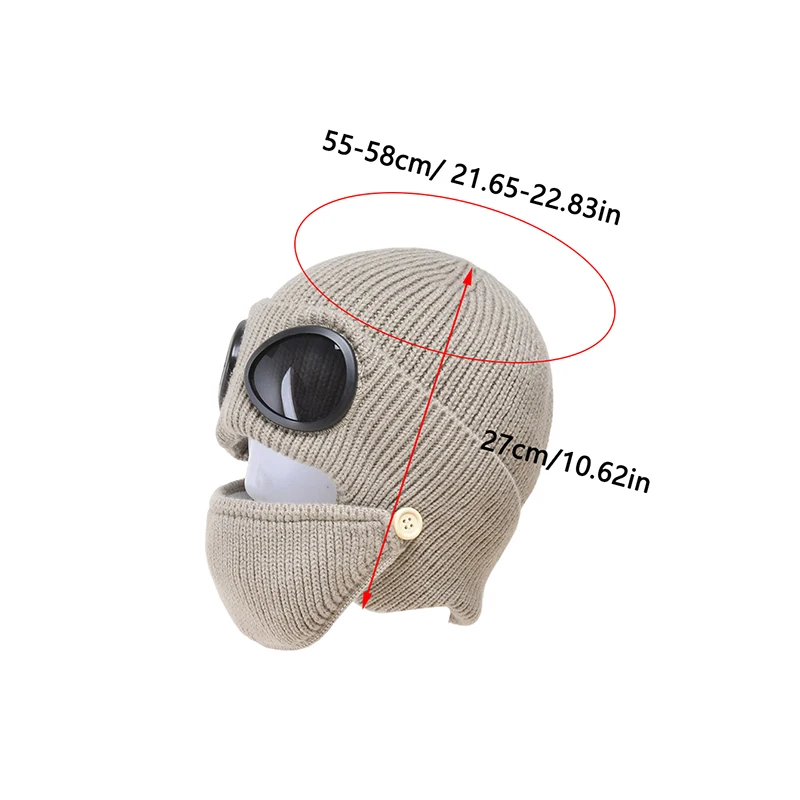 Unisex Knitted Goggles Beanie 3 in 1 Winter Warm Outdoor Sports Fashion Aviator Hat with Face Mask and Ear Cover
