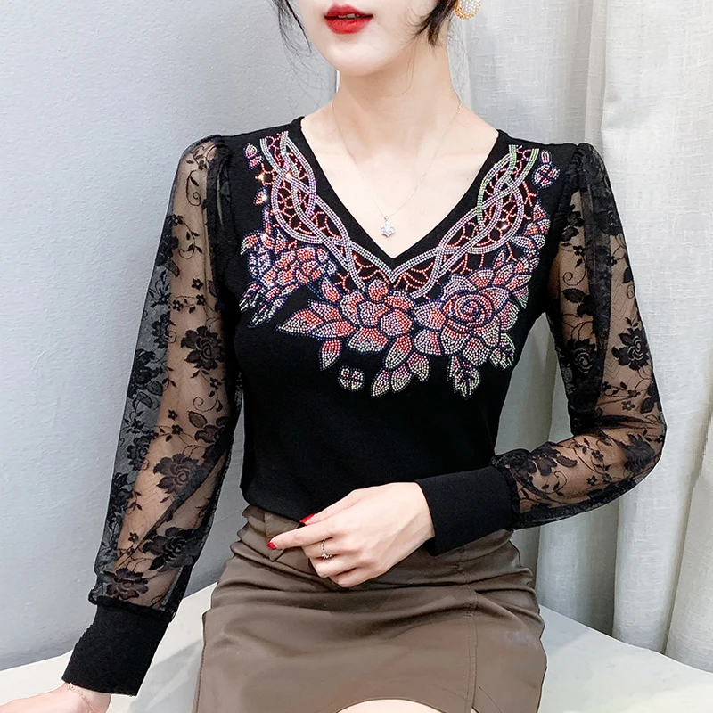 

Korean Fashion Women T Shirt Long Sleeve Patchwork Mesh Lace Tops 2025 Autumn Winter V Neck Lady Bottoming Shirt