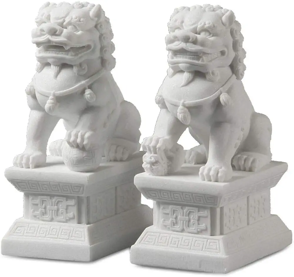 Pair of Peking Fu Foo Dogs Statues White Marble Jade Feng Shui Decor 11Cm/4.3In