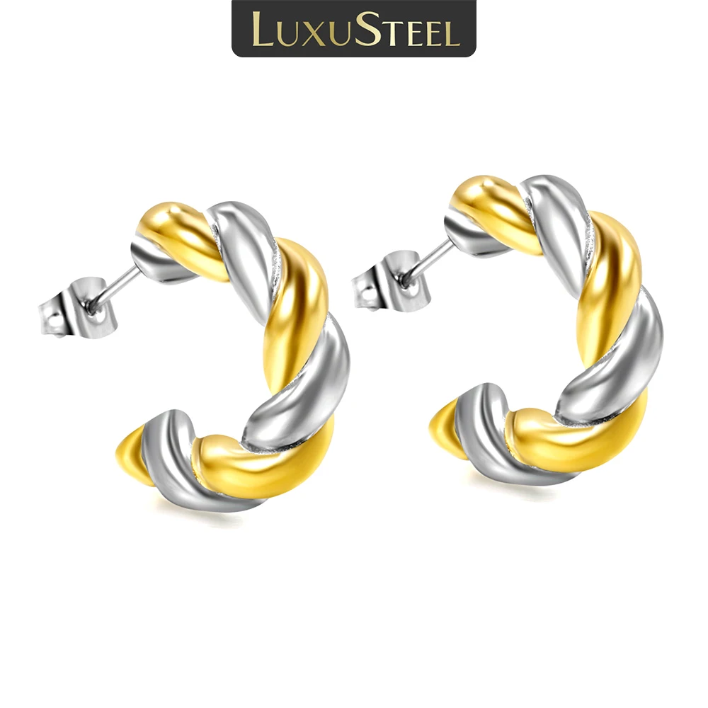 LUXUSTEEL Stylish C Shaped Fried Dough Twists Stud Earrings Golden Plated Stainless Steel Dangle Ear Jewelry Gift for Women