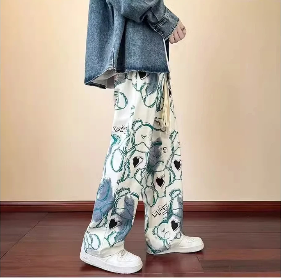 

Bear printed pants men's summer thin American high street fashion brand niche design sense large size loose casual pants