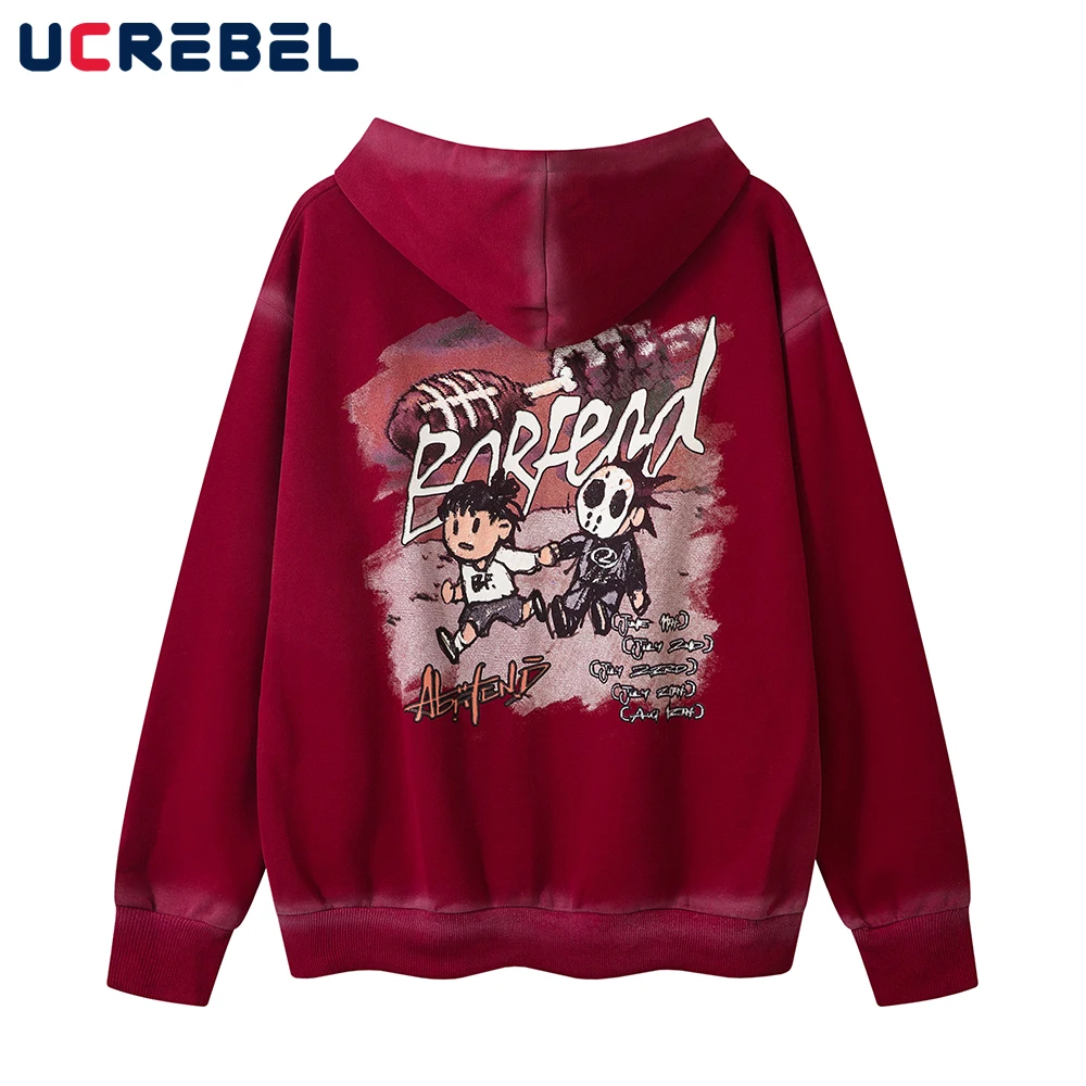 Cartoon Print Hooded Sweatshirts Mens Double-sided Printed High Street Loose Long Sleeve Hoodies Outerwear Men