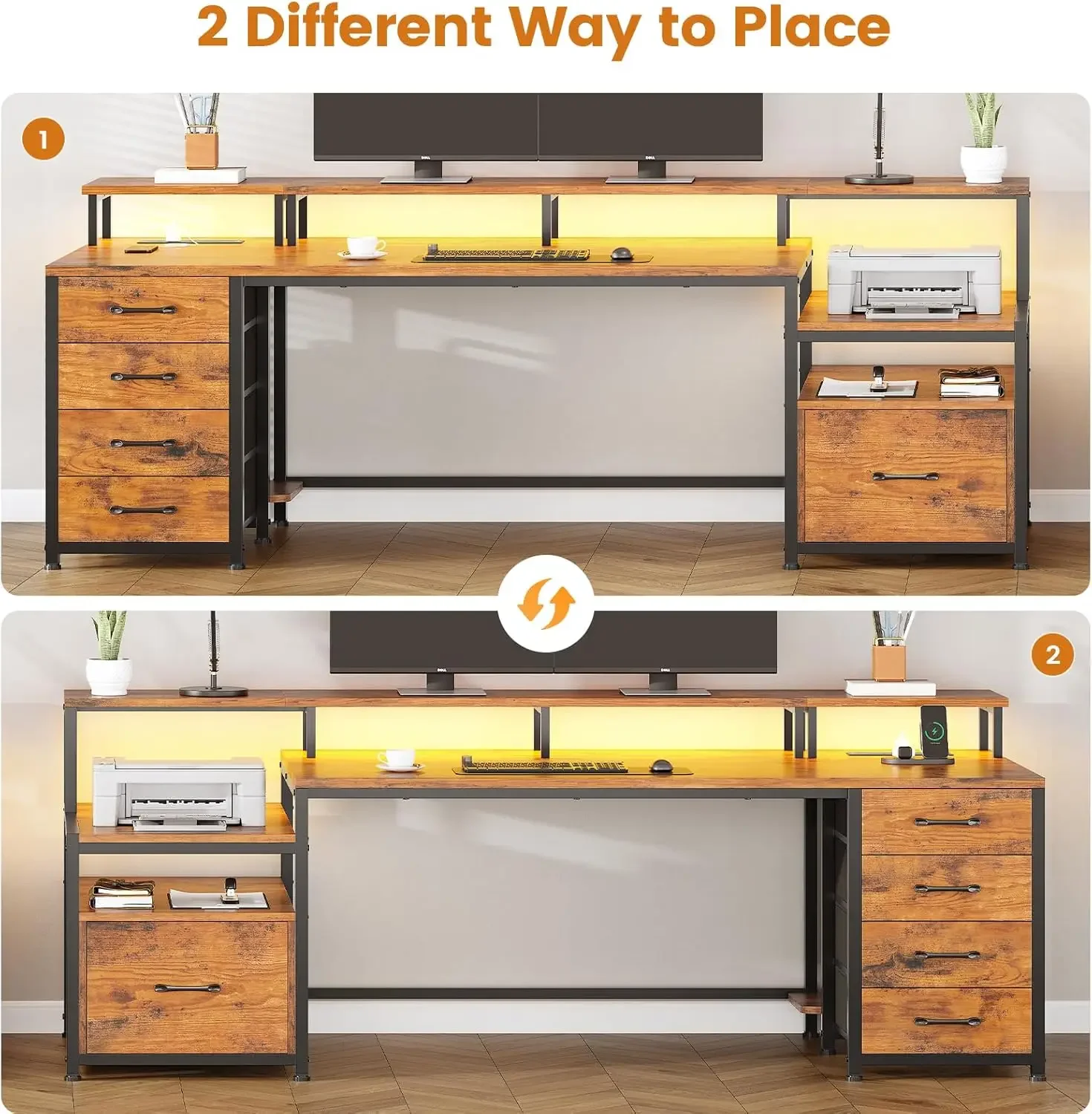 Home Office Desk with File Drawer & Power Outlet,  Storage Shelves, Monitor Shelf and Led Lights, 23.6" W Desktop Gaming