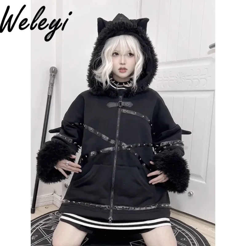 Punk Millennial Babes Dark Bat Demon Riveted Hooded Jacket Female Y2k Subculture Women's Winter Long Sleeve Velvet Cotton Coat