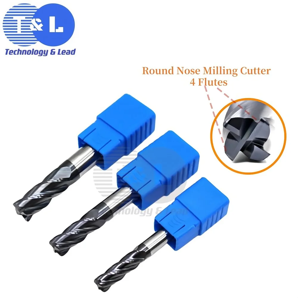 T&L HRC68 4-Flute Tungsten Steel Hard Alloy Nano Coating Round Nose Milling Cutter CNC Mechanical Milling Cutters Tools