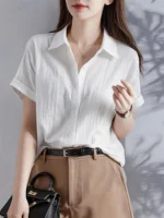 Women's Casual White Blouse, Short Sleeve V-Neck Shirt, Business Office Workwear, Breathable Textured Blouse
