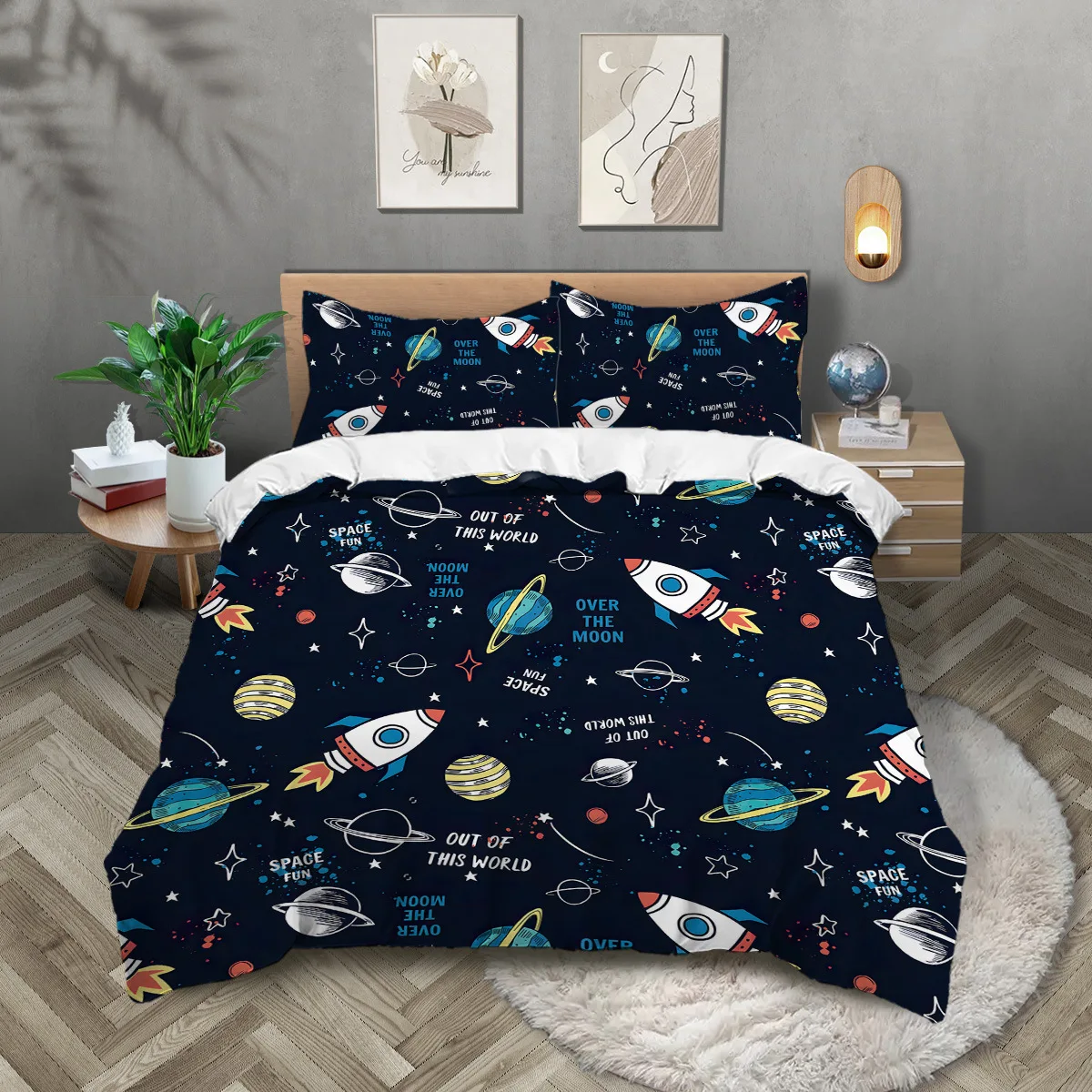 Cartoon Universe Duvet Cover Set 3Pcs with Stars Rocket Space Theme Kids Bedding Size Bed Cover for Boys Galaxy Bed Linen Set