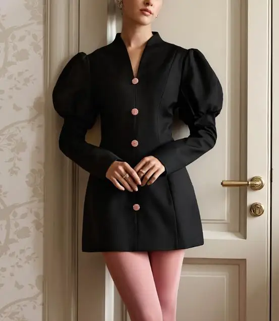 

2025 Autumn New Solid Color V-Neck Button Front Bubble Sleeve Design Dress Women's Fashion Elegant Personalized A-Line Dress