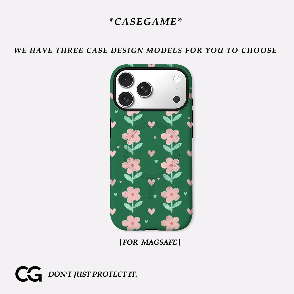 Casegame Matte Bumper für MagSafe Hülle für iPhone 17 16 15 14 Plus 13 Pro Max Stoßfeste Harte PC Hülle Grün Rosa Blumen Herzen Cover
