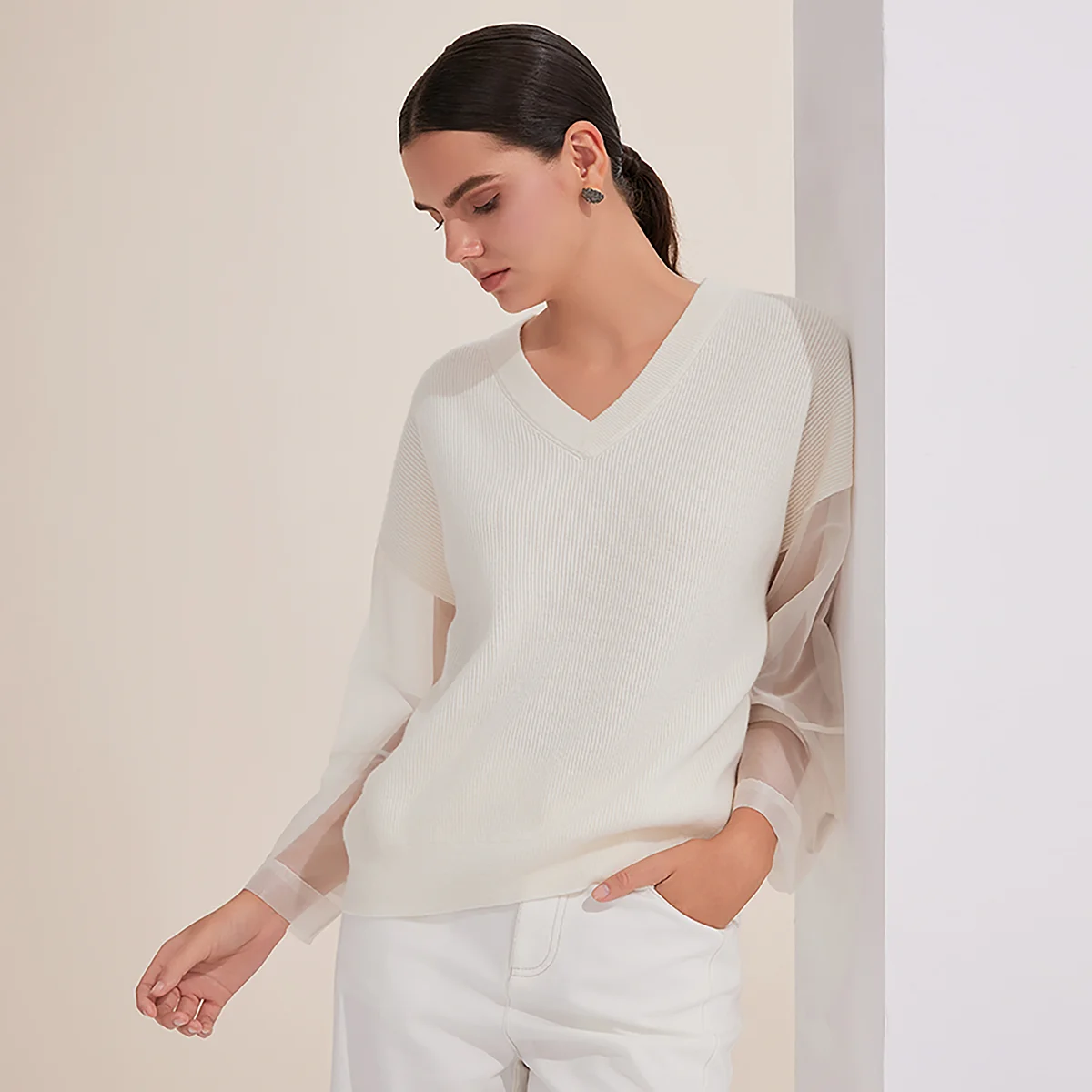 

Pop BY4521255 Women's Elegant V-Neck Ribbed Sweater 100% Wool Casual Style Pullover With Sheer Sleeves For Fall