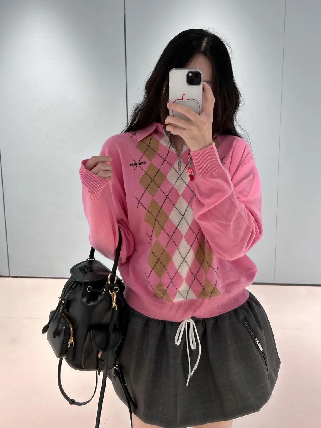 

Сладкий розовый вязаный свитер M-Initial с воротником-молнией и ромбовидным узором, женский осенний модный повседневный шерстяной свитер