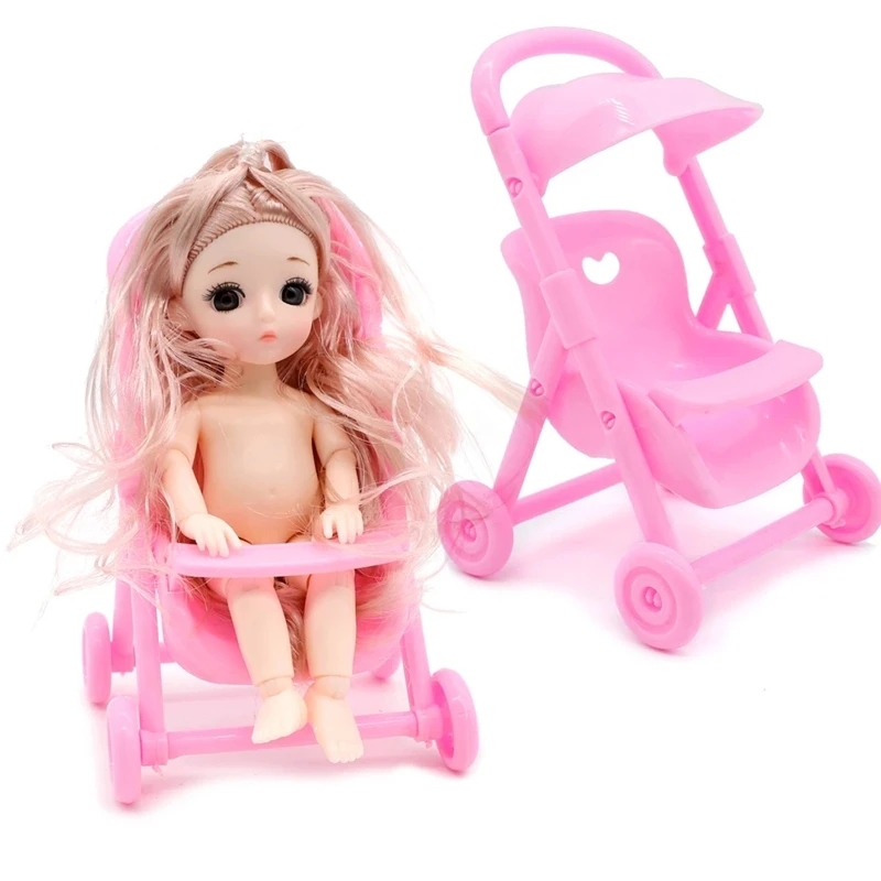 Mini Baby Doll Stroller Trolle Toy Simulation Push Cart Pushchair Children Role Playing Game for Dollhouse Nursery Decor