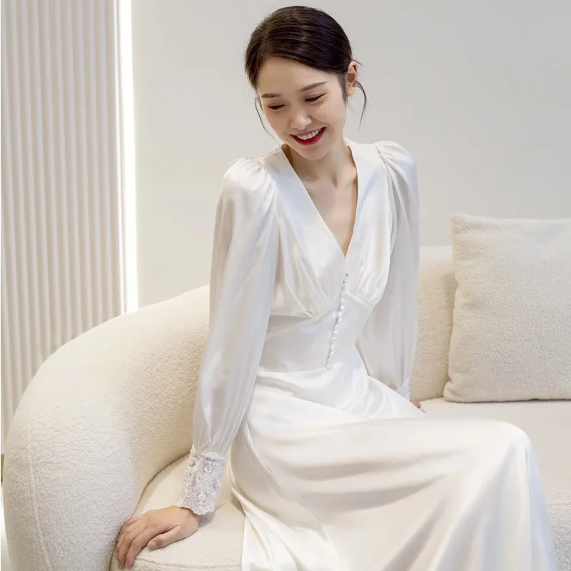 Long SleevesvSimple Collar Travel Photography White Slimming Korean Style Bride Wedding Reception Lace Dress