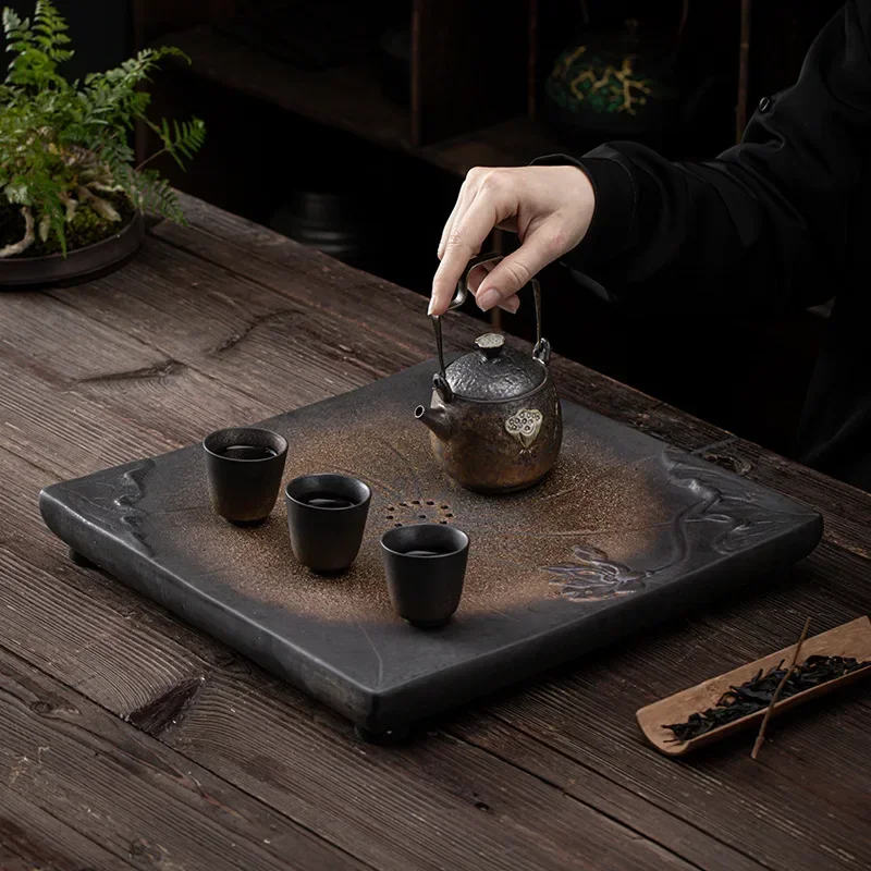 Retro creative ceramic tea tray, antique gilt stoneware, dual-use square tea tray, drain tea table, Japanese style simple tray