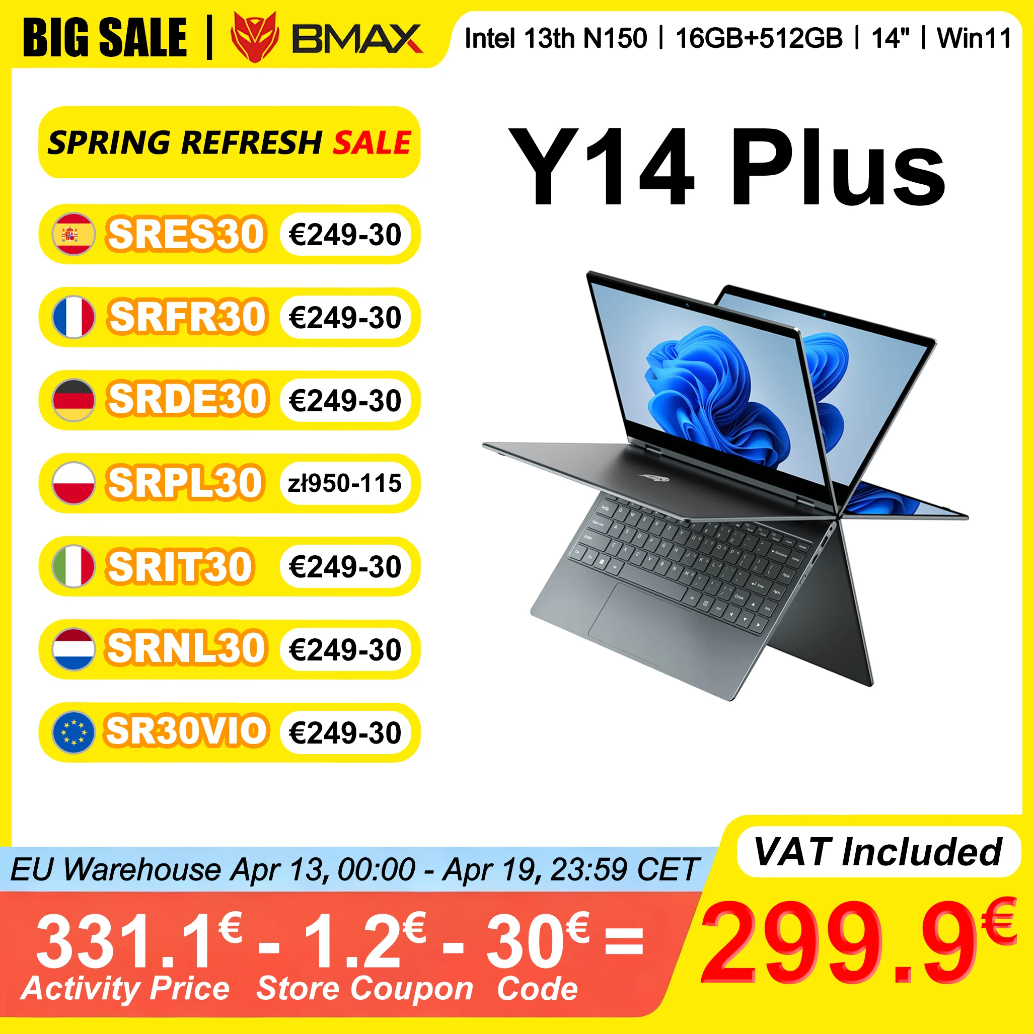 BMAX Y14 Plus Laptop 14 Zoll Touchscreen 16 GB RAM 512 GB SSD Intel N150 1920*1080 IPS 360 ° Cabrio-Notizbuch Windows 11