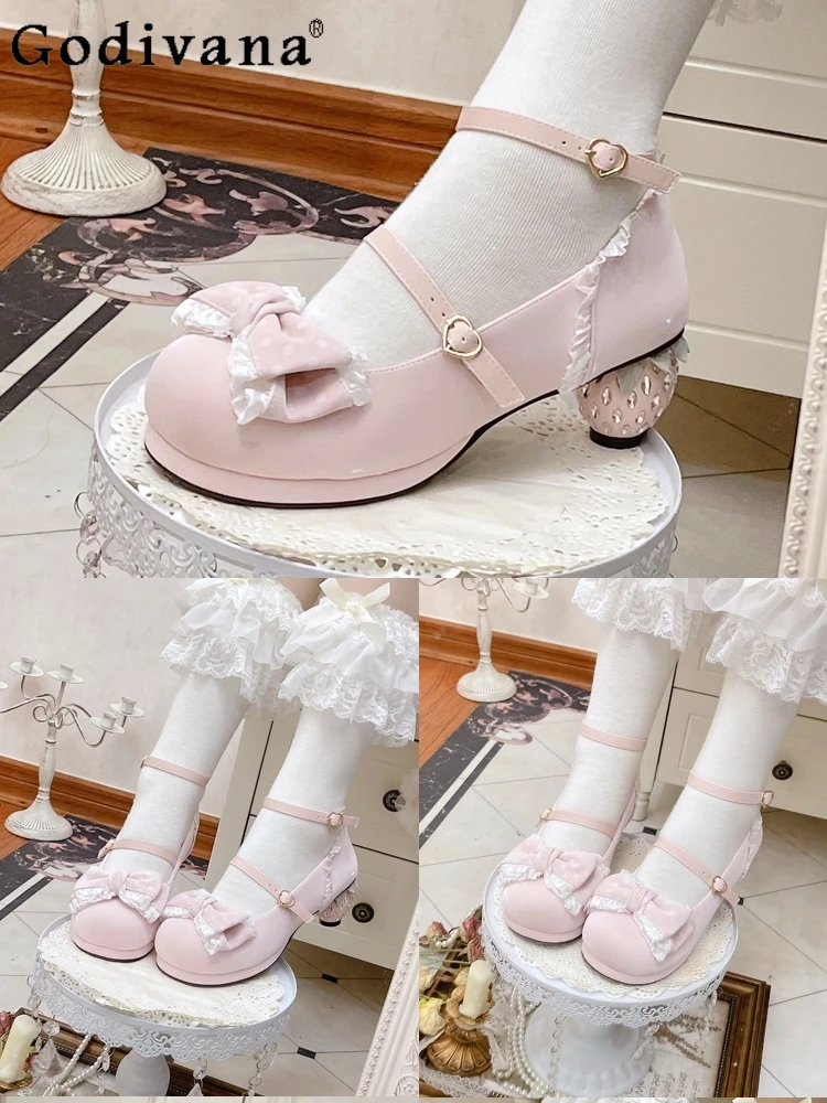 Sweet Cute Lolita Shoes for Women Butterfly Mid Heel Thick Sole High Heels Girl's Pumps Single Shoes