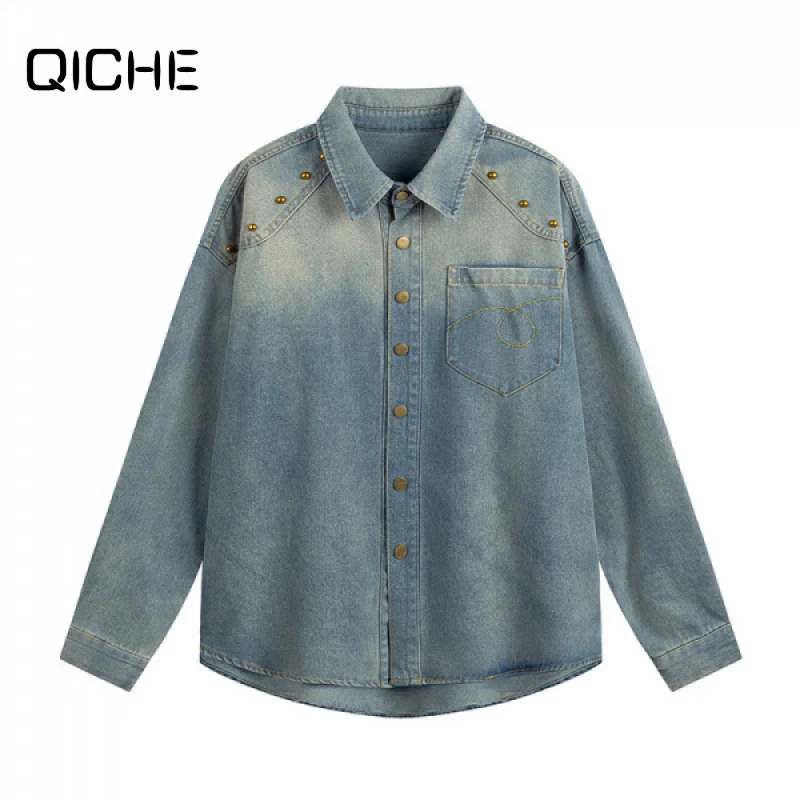 QICHE 2026 Men Long Sleeve Denim Shirt American Vintage Washed Gradient Rivet Street Style Shirt