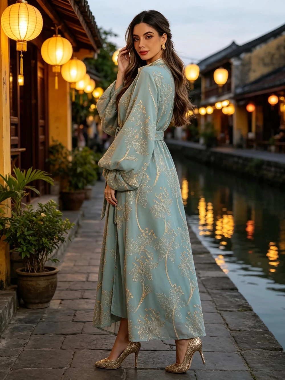 Customized Bell Shaped Sleeve Waist Cinched Long Dress Young Luxury A-line Pleated Muslim Evening Gown Suitable for Banquets
