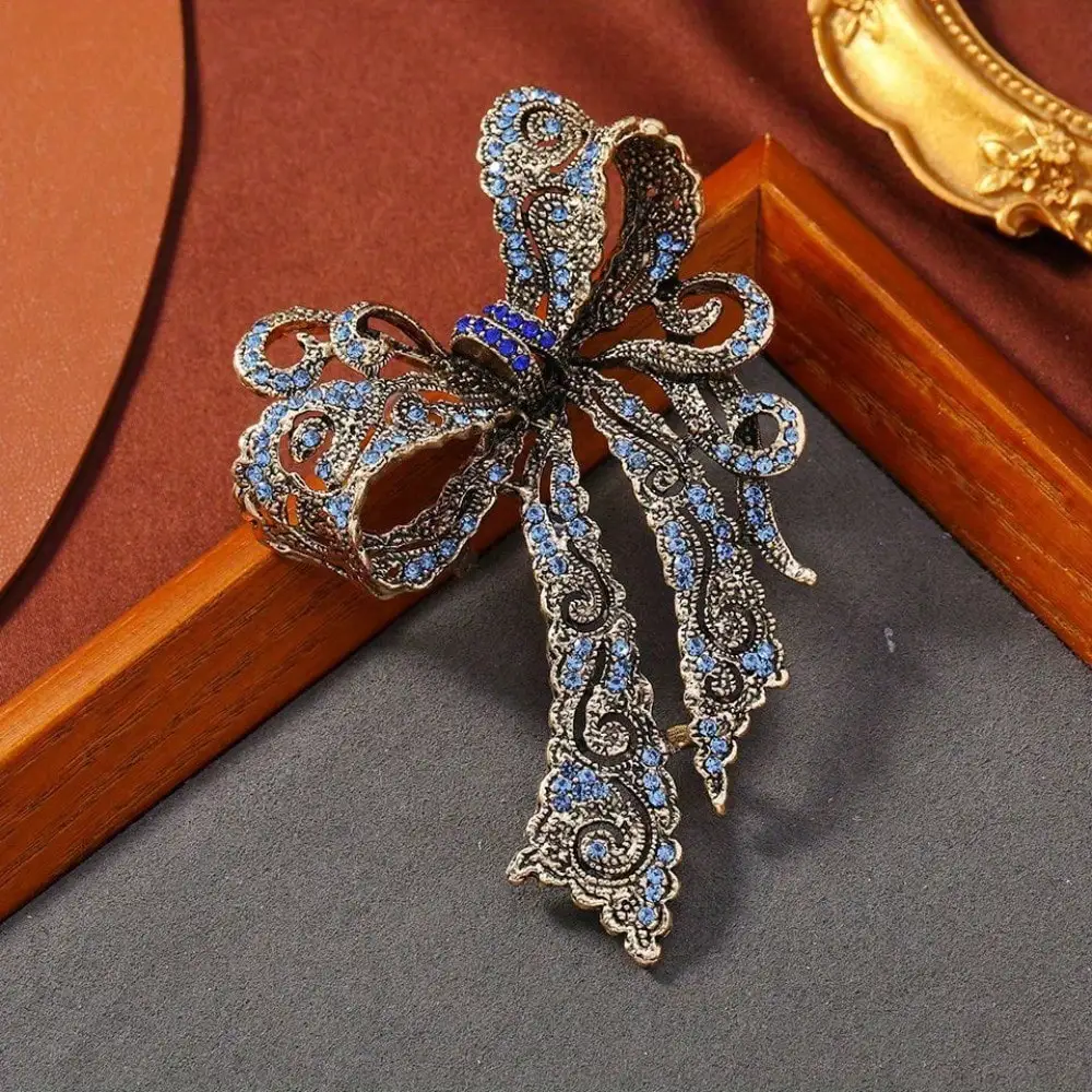 Antique Silver-Toned Bow Brooch - Blue Crystals, Intricate Openwork Scrollwork, Retro Ornate Design, for Daily, Ideal for Gift