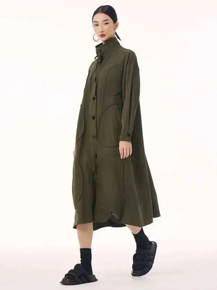 

Women Army Green Patch Drawstring Big Size Midi Dress New Stand Collar Long Sleeve Fashion Tide Spring Autumn