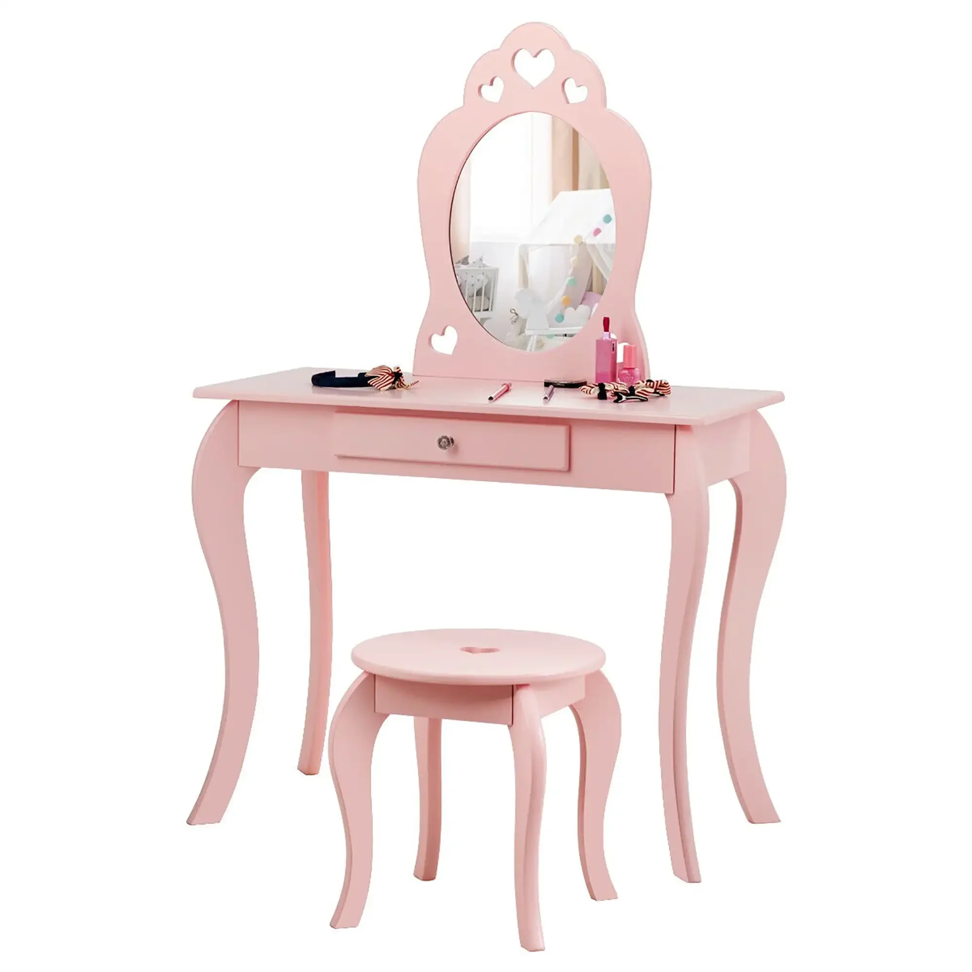 Kids Vanity Set Princess Makeup Dressing Play Table Set W/Mirror  Pink