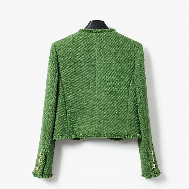 Nuovo cappotto monopetto alla moda, elegante, retrò, verde, di fascia alta, elegante, piccolo, profumato, floreale grossolano, girocollo