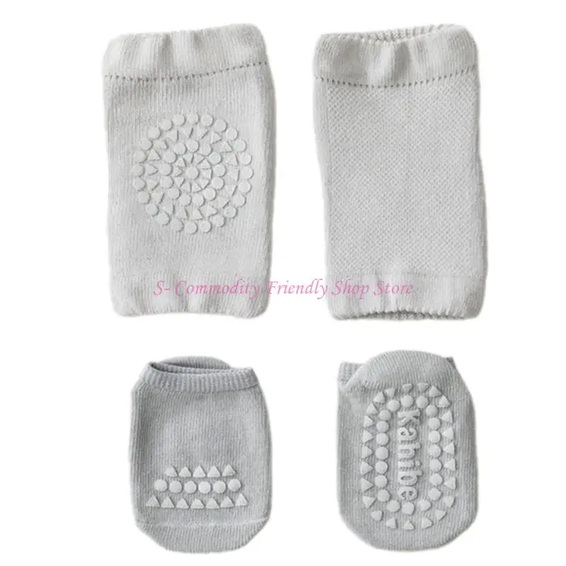 85AE طقم وسادات ركبة للأطفال وجوارب غير قابلة للانزلاق تصميم من القطن الممشط يسمح بالتهوية للمشي والزحف وسلامة الأطفال واللعب في #3