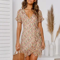 Mini robe de plage à imprimé floral pour femmes, col en V sexy, robe d'été bohème, volants, manches courtes, ligne A, été, 2022