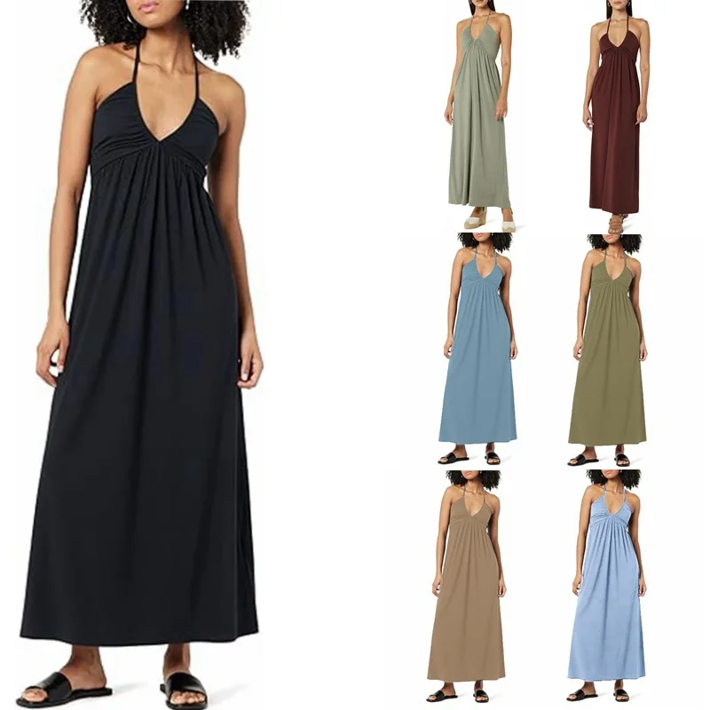 

Women's Dresses Halter Backless Sleeveless Low-cut V-neck Long Dress Pleated Solid Color Sexy Casual Fashion Comfort 2024