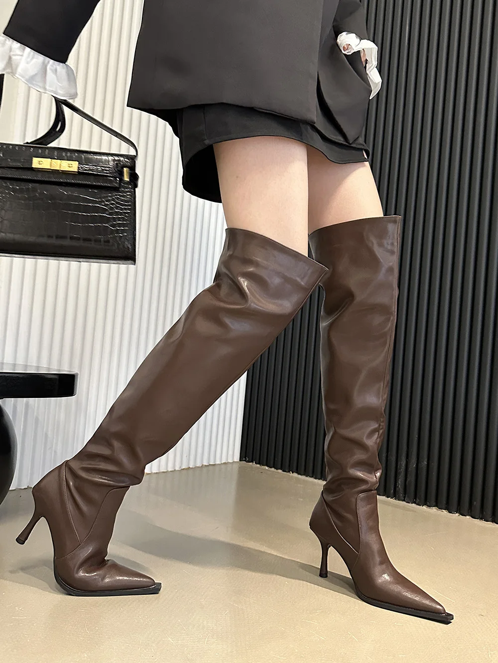 Women Over The Knee Boots Chelsea Botas Stiletto Thin High Heels Black Brown White Side Zipper Winter Knight Botas Fashion Pumps