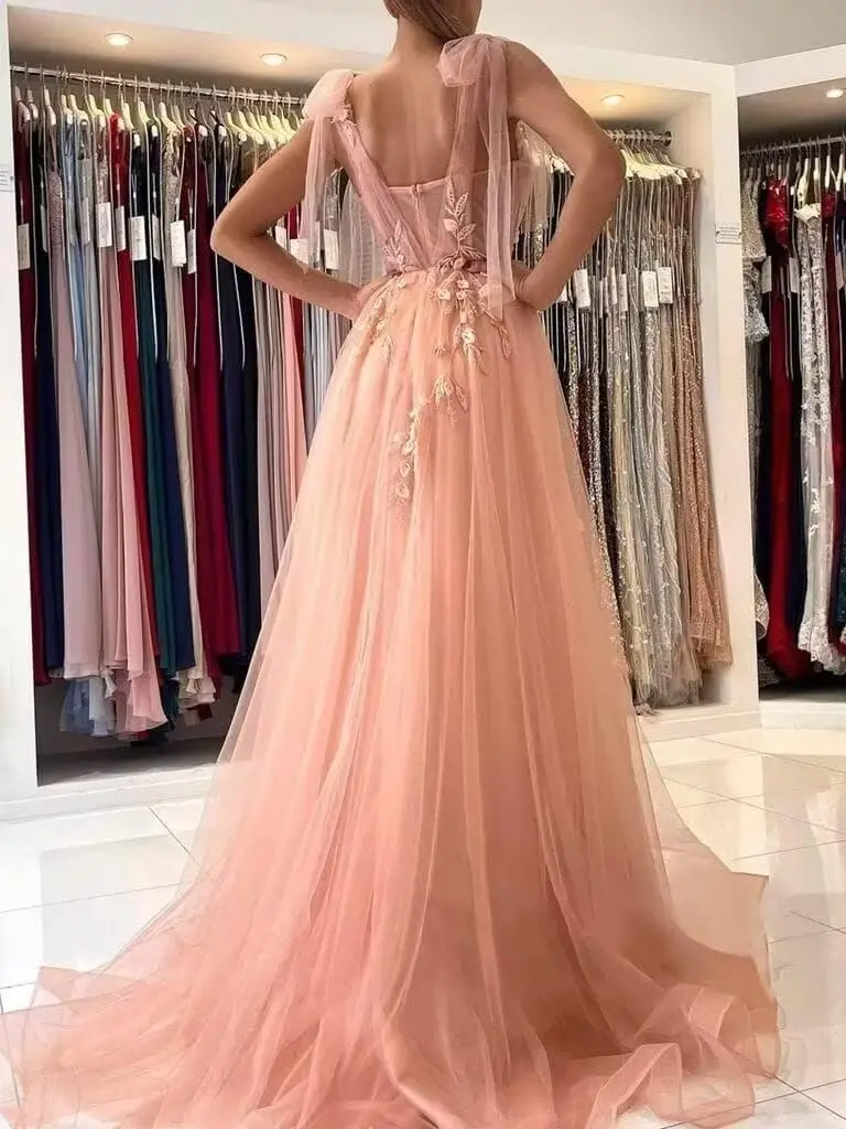 슬릿 스파게티 스트랩이 있는 튤 레이스 프롬 드레스, 포멀 이브닝 드레스, 스위트하트 볼 가운, 여성용 우아한 포멀 드레스