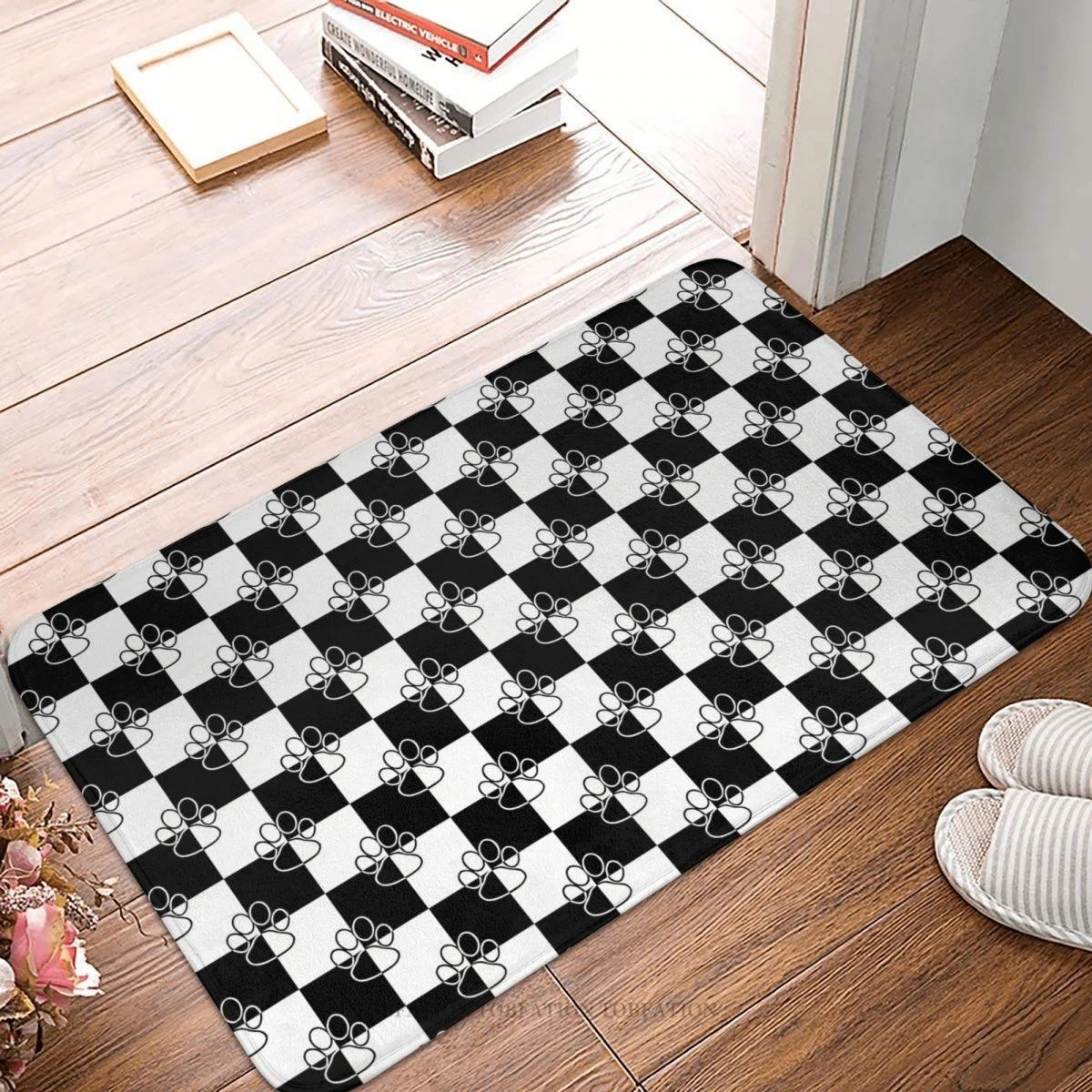 

Paw Kitchen Non-Slip Carpet Black And White Checker Dog Bedroom Mat Entrance Door Doormat Home Decor Rug