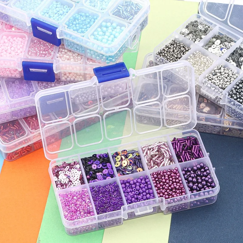 10 Grids Glass Seed Beads Kit Helical Tube Bead Set Sequins Imitation Pearl Beads Box for DIY Bracelet Jewelry Needlework Making