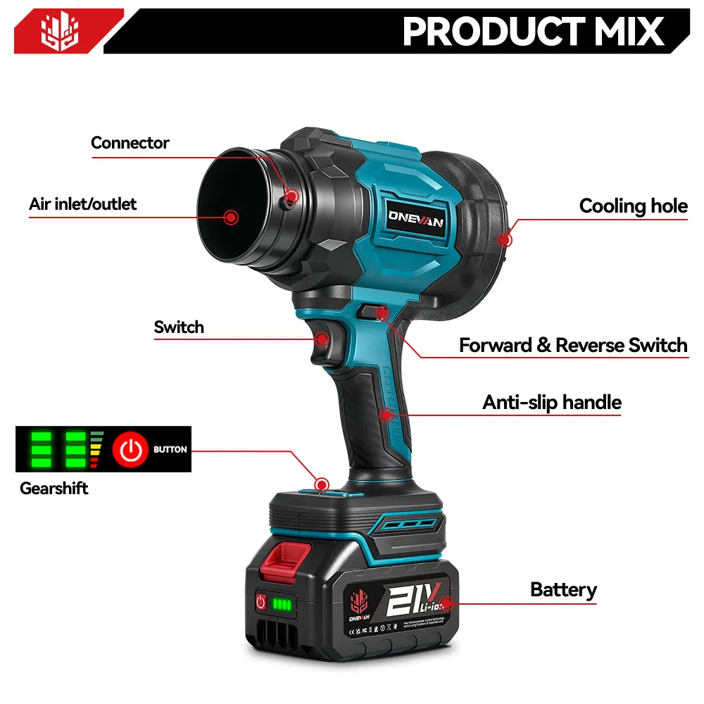 ONEVAN 2-in-1 Bürstenloser Elektro-Turbogebläse-Jetventilator 350m/s Garten-Laub-Staubsauger-Reinigungsgerät für Makita 18V Akku – Detail 4