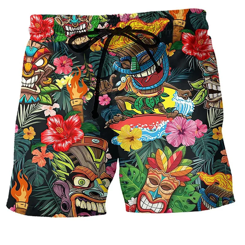 Summer Hawaiian Beach Shorts Tiki Mask 3D Print Men Women Holiday Trunks Casual Surfing Board Shorts Swimwear Kid Men\'s Clothing