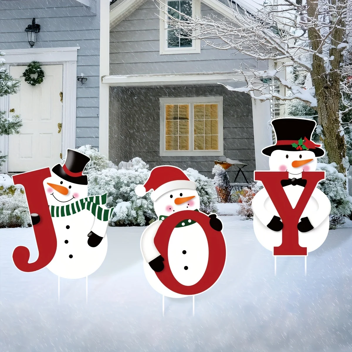 3 pièces, nouvelle décoration de sol de bonhomme de neige de Noël, avec panneau «joy », pour jardins et terrasse extérieurs, avec piles en plastique