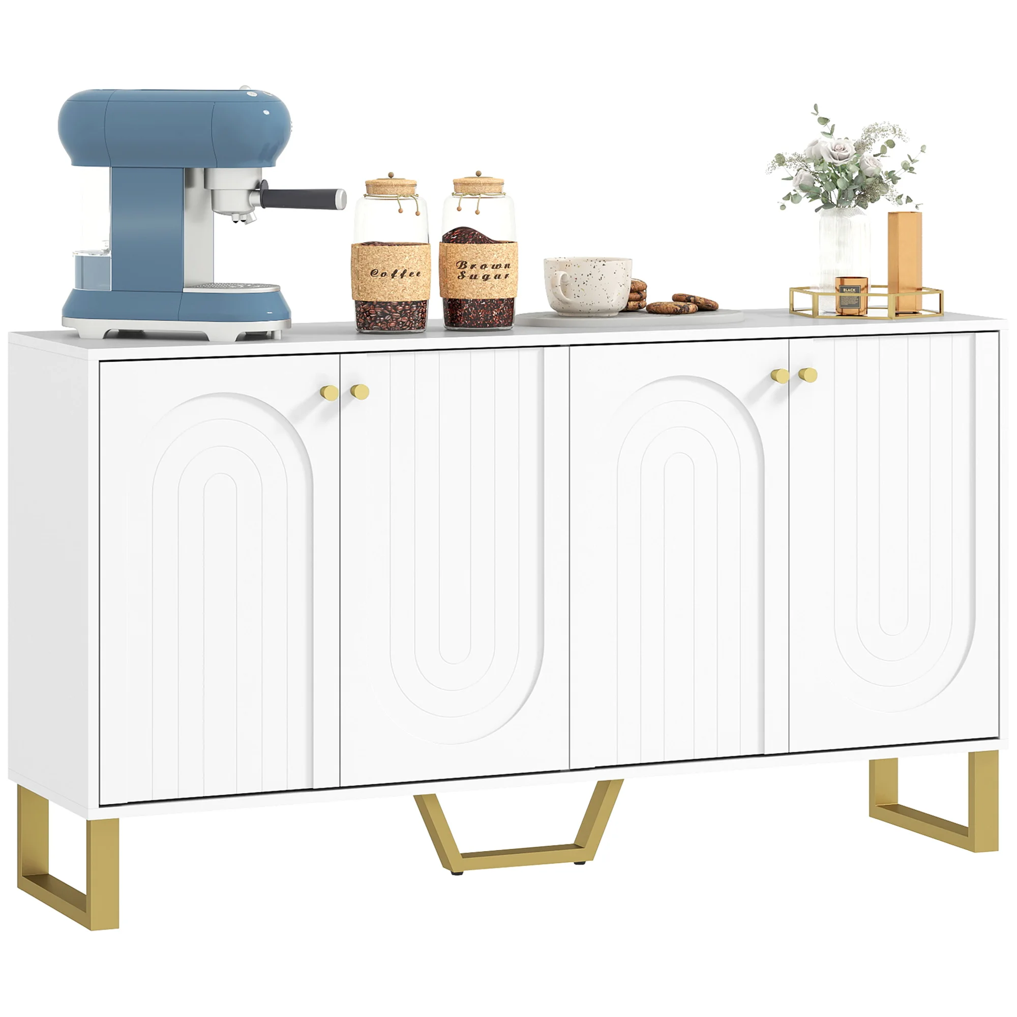 HOMCOM Aparador con 4 Puertas Arqueadas Estantes Ajustables y Patas Doradas 140,8x35x77,5 cm Blanco