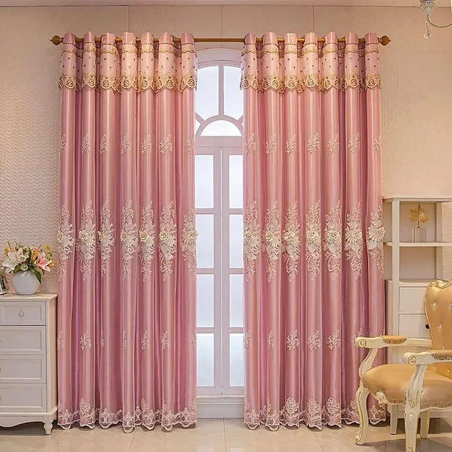 1 Par de Cortinas Europeias de Luxo com Sanefas para Sala de Estar e Quarto, Cortinas Bordadas de Camada Dupla Rosa, 52x96 Polegadas