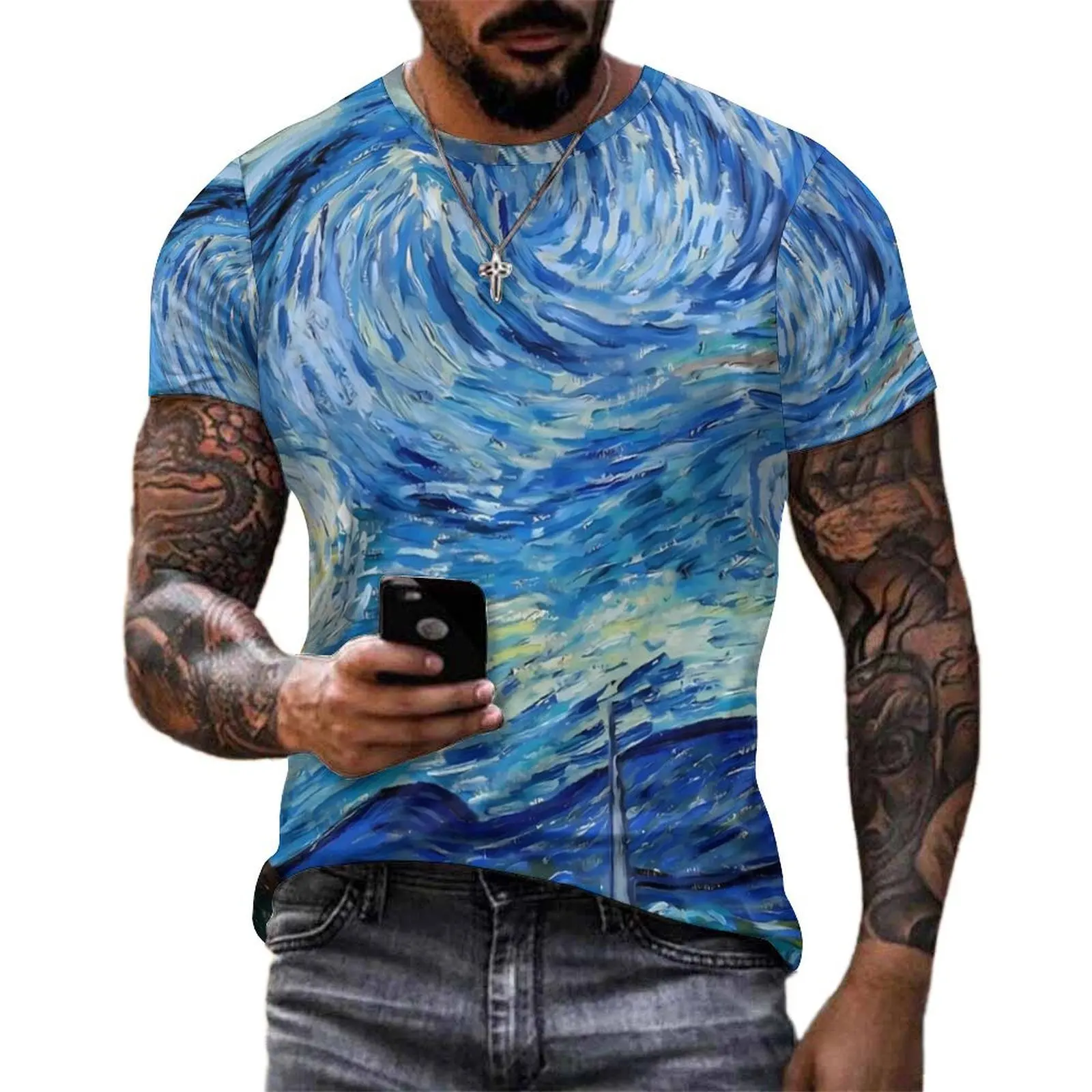 Van Gogh Oil Painting T-Shirt For Men Starry Night Print O Neck T Shirts Summer Hippie Clothes Short Sleeve Casual Big Size Tees
