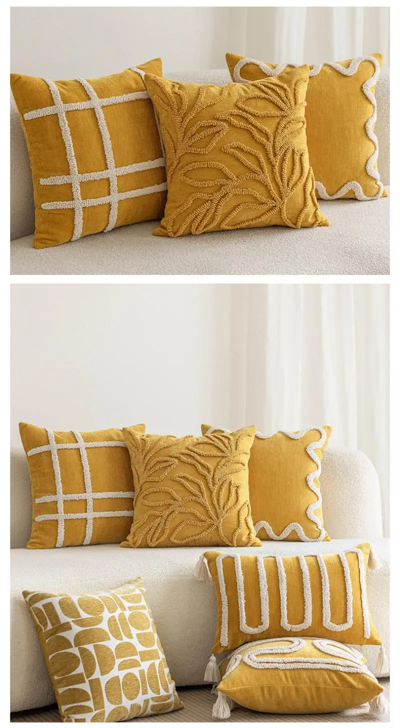 45x45cm Einfacher gelber runder Plüsch-Kissenbezug aus Baumwolle für Sofa und Wohnzimmer, Kopfteilkissenbezüge – Detail 3