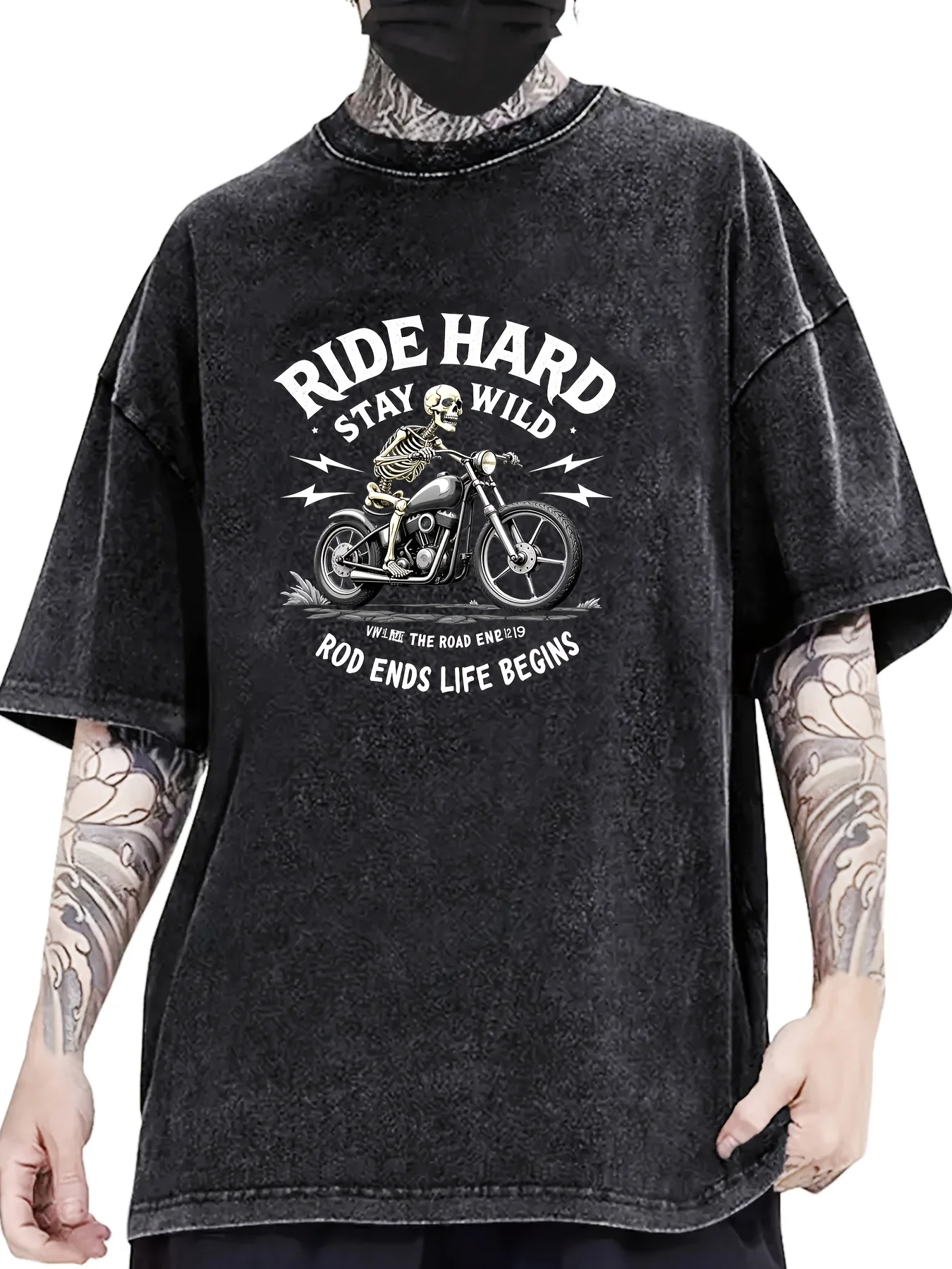 Summer Men's Trend RIDE HARD STAY WILD Letter Skull Motorcycle Print Retro Distressed 100% Cotton Washed T-Shirt Street Style