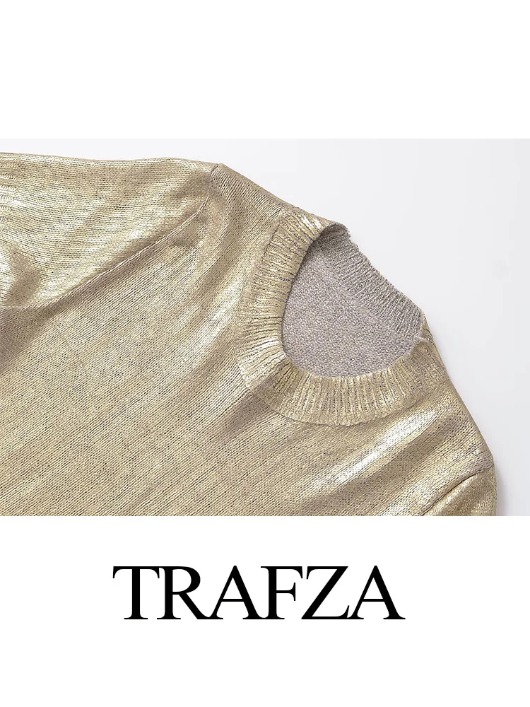 TRAFZA Summer Female Elegant Solid O-Neck Metal  Foil Short-Sleeved Knitted Sweater Women's High Street Pullover Sweater Mujer