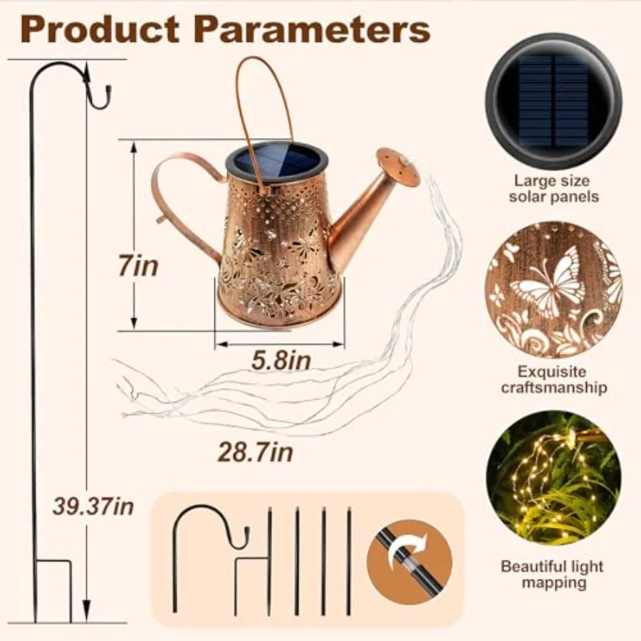 Solar Lanterns Outdoor Decorative: Metal Watering Can with Cascading LED Lights and Hook - Waterproof Hanging Garden for Yard P