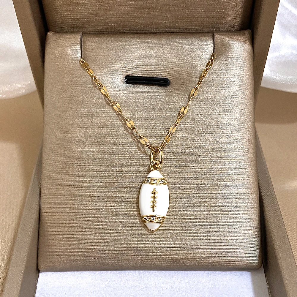 Trendy Sports Gold Plated Stainless Steel White Rugby Ball Necklace for Women Fashion Statement Thin Chain Neck Jewelry Party